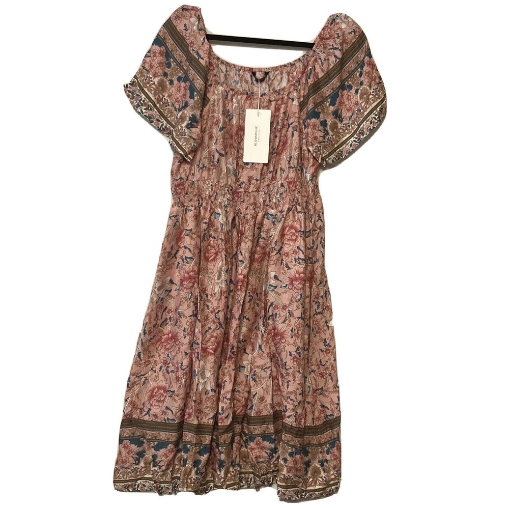 Bloomchic Boho peasant short sleeve pink and green multicolored flowered dress